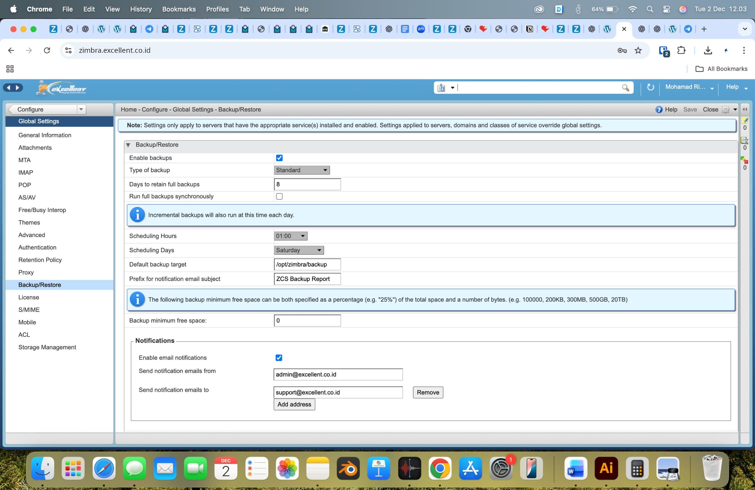 Zimbra: Backup Setup via Zimbra Admin